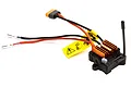 Spektrum 40A Brushed ESC and SLT receiver 2-in-1 combo unit with orange heatsink and attached warning tag on a white background.