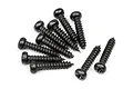 A group of ten black metal binder head screws with coarse threads arranged on a white background.