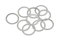 A cluster of ten thin, silver-coloured metal washers arranged on a plain white background.