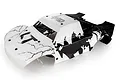 Rovan 1/5 scale 5IVE-T RC truck body shell and roll cage in white and black with a lightning-style graphic pattern.