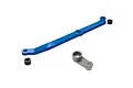 A blue anodized aluminium steering link, a silver servo horn, and two small black bushings on a white background.
