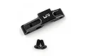 A black anodized aluminium rear suspension arm pin brace for Kyosho Optima Mid by Yeah Racing, shown with two matching black countersunk screws.