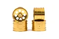 Four gold-coloured 8-spoke aluminium RC rims arranged in a stack against a white background.