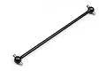 A black metal RC car driveshaft with universal joints at both ends, isolated on a white background.