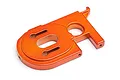 An orange anodized aluminium motor mount for an HPI Trophy Flux RC car, featuring slotted mounting holes and a sturdy, machined design.