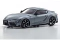 A grey metallic Kyosho Mini-Z Toyota Supra GR pre-painted body shell shown from a front three-quarter angle against a white background.