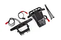 Traxxas LED light set including front and rear bumpers with integrated LED lights, wiring harnesses, and zip ties on a white background.