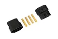 Two black plastic Traxxas connector housings and four gold-plated metal terminal pins laid out on a white background.
