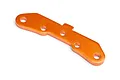 An orange anodized aluminium rear suspension arm pin brace for HPI Trophy RC cars, featuring a curved design with four mounting holes.