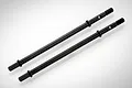 Two black metal RC driveshafts with hexagonal ends and threaded tips, isolated on a white background.