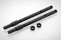 Two black metal gear shafts and two small metal spacers on a white background.