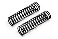 Two black metal coil springs for RC car shock absorbers positioned diagonally on a white background.