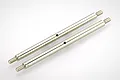 Two silver-coloured metal RC suspension linkage rods with threaded ends and a small hole in the center, isolated on a white background.