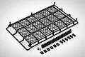 A black plastic RC roof rack with a grid pattern, accompanied by various mounting brackets and small hardware components on a white background.