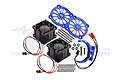 GPM Racing blue aluminium motor heatsink kit with dual cooling fans, mounting hardware, and brackets on a white background.