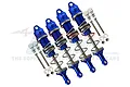 A set of four blue anodized aluminium adjustable RC shock absorbers by GPM Racing with included mounting hardware.