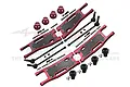 A set of red anodized aluminium RC suspension arms, wheel hexes, and drivetrain components by GPM Racing on a white background.