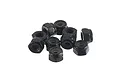 A small pile of ten black steel nyloc nuts with white nylon inserts, arranged on a plain white background.