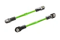 Two green anodized aluminium turnbuckles with black plastic rod ends, isolated on a white background.