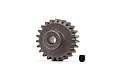A Traxxas 23-tooth 1-mod steel pinion gear with a small black grub screw sitting on a white background.