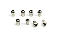 Eight small silver metal pivot balls arranged on a white background.