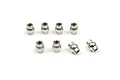 Eight small silver metal pivot balls for RC suspension, arranged on a white background.