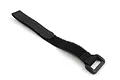A black hook-and-loop battery strap with a plastic buckle, isolated on a white background.