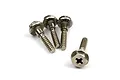Four silver-coloured metal wheel lock screws with flanged heads and cross-head drive, arranged on a white background.