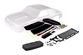 Traxxas 1/10 Drag Slash Ford Mustang Fox clear unpainted body shell with included decal sheet, rear wing, foam bumper, and hardware.