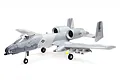 E-Flite A-10 Thunderbolt II 1.2m RC plane in grey camouflage with shark mouth nose art, sitting on a white background.