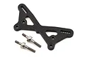 A carbon fiber front shock tower for the TLR 22 5.0 RC car, accompanied by two metal standoffs on a white background.