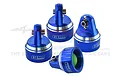 Four blue anodized aluminium shock caps for RC cars by GPM Racing, displayed on a white background.
