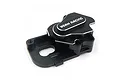 A black anodized aluminium gearbox case for RC cars by Yeah Racing, featuring silver chamfered edges and the brand logo on top.