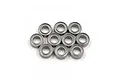 A set of ten small metal shielded ball bearings arranged in a cluster on a white background.