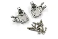 A pair of gunmetal aluminium RC steering hubs by Yeah Racing with a collection of included mounting screws on a white background.
