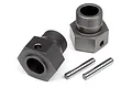 Two gunmetal grey aluminium 24mm rear wheel hexes for HPI Baja RC cars, shown with two matching steel drive pins on a white background.