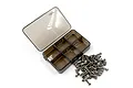 A set of titanium screws for the Tamiya Lunch Box RC car, displayed next to a small, empty, six-compartment translucent plastic storage box.