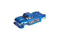 A blue ARRMA Outcast 4X4 BLX RC truck body shell with wood-grain side decals and white text, isolated on a white background.