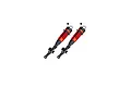 Two ARRMA red aluminium adjustable RC shock absorbers with black rubber boots and mounting hardware on a white background.