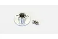 A silver metal housing part with a needle bearing inside, accompanied by three small countersunk screws on a white background.