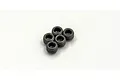 A cluster of five small black metal grub screws with hexagonal sockets, viewed from above against a white background.