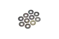 A collection of ten small, circular metal washers arranged in a cluster against a plain white background.