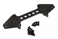 Kyosho carbon fibre rear suspension plate with a set of black mounting screws on a white background.