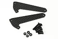 Two carbon fibre shock stay plates with a set of black screws and nuts on a white background.