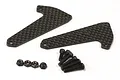 Two carbon fibre shock stay plates with a set of black metal screws and nuts on a white background.