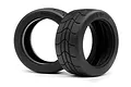 Two black HPI Racing 2.2-inch Gymkhana D compound RC tyres with tread patterns, shown against a white background.