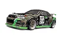 HPI Racing 1/18 scale Nissan Skyline R34 GT-R RC body shell with Fail Crew camouflage livery, green accents, and sponsor decals.