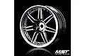 A single silver chrome-finished RC car rim with a multi-spoke design against a black background.