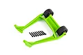 A bright green Traxxas Sledge wheelie bar assembly with two black wheels and a set of eight black mounting screws on a white background.