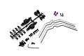 HPI Savage front and rear sway bar set including metal sway bars, plastic parts tree, screws, and purple anodized hardware on a white background.